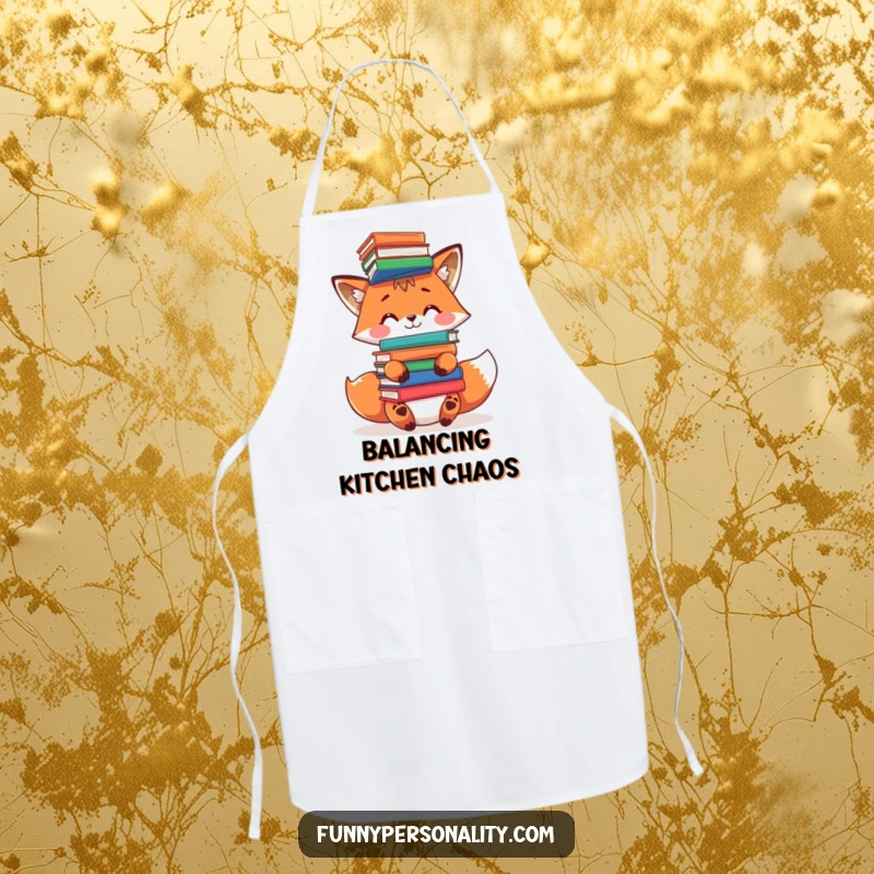 Funny fox apron: a kitchen apron with a playful fox character balancing a stack of books on its head while cooking.