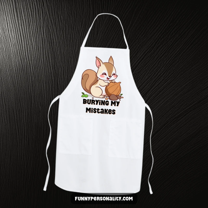 Funny squirrel apron featuring a squirrel character busily burying a nut, ideal for kitchen protection.