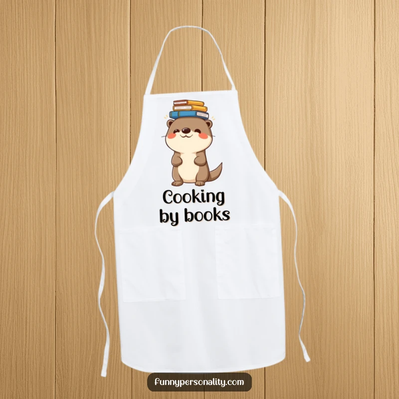 Funny apron with a cheerful otter character balancing a stack of books on its head, suitable for kitchen use.