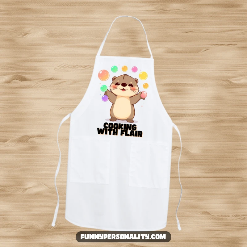 Funny Otter Apron showcasing a happy otter juggling colorful glowing orbs, perfect for kitchen merriment.
