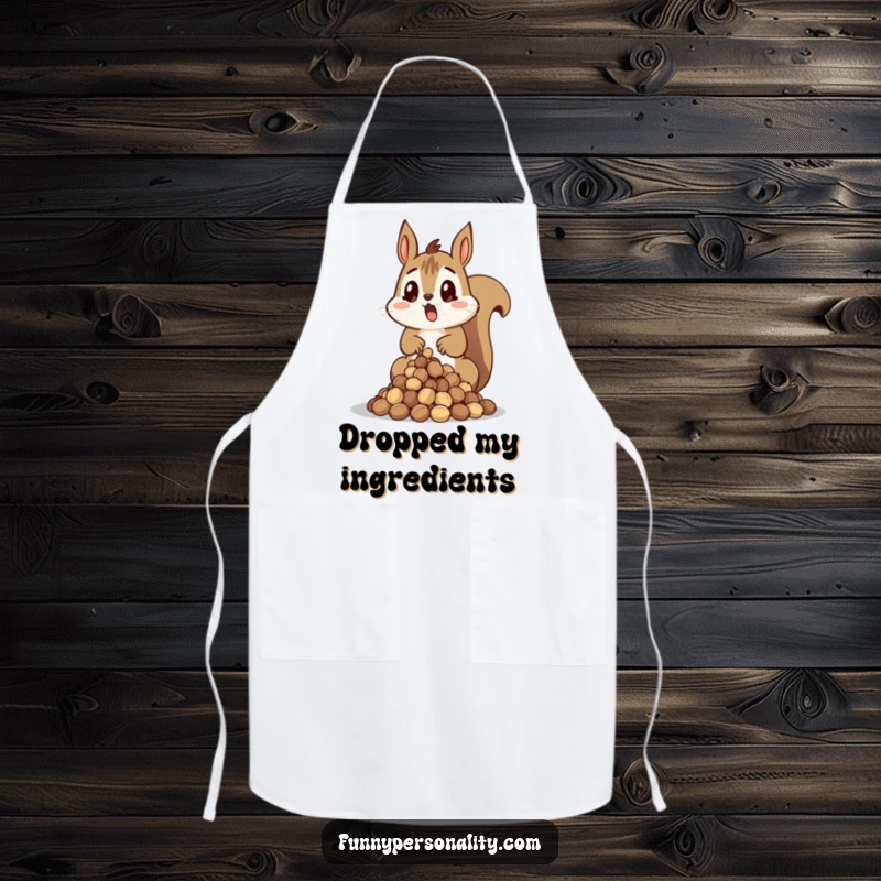 Funny Squirrel Apron showcasing a surprised squirrel dropping a pile of nuts, perfect for kitchen oops moments.