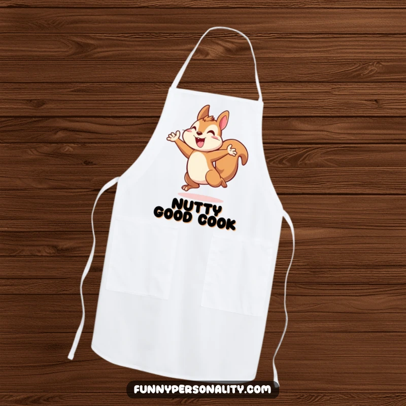 Energetic squirrel apron showing a squirrel character in a triumphant leap, perfect for adding motivational flair to kitchen wear.