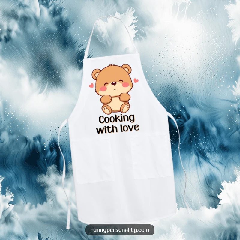 Funny bear apron featuring a friendly bear character giving a warm, fuzzy hug, perfect for a cozy kitchen.