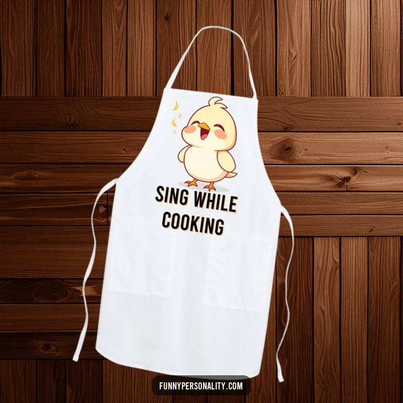 Funny apron with a joyful bird character singing vibrantly, chest puffed out, ideal for a happy cook.