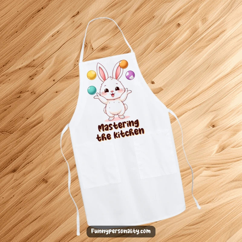 Funny apron featuring a fluffy bunny character energetically juggling three colorful balls, bringing humor to cooking and baking.