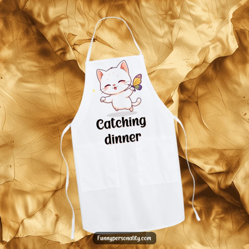 Funny apron featuring a playful cat character chasing a sparkling butterfly, bringing humor and charm to kitchen tasks.