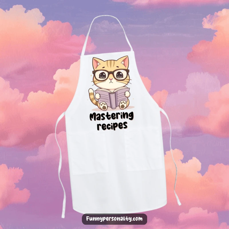 Funny apron with a cat in glasses attempting to read a book. Ideal for a quirky kitchen personality.