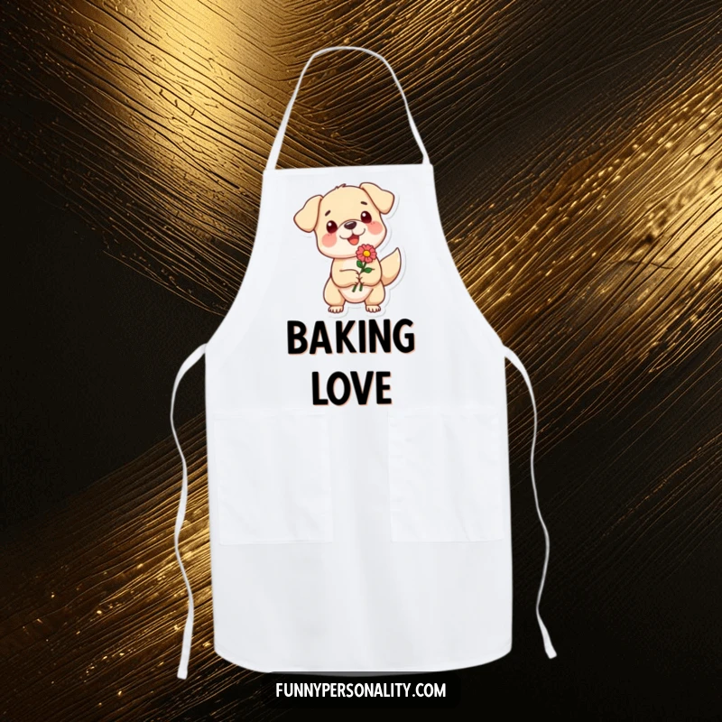 Funny apron featuring a small dog character with a wagging tail enthusiastically offering a flower, adding humor and sweetness to kitchen tasks.