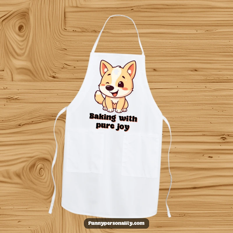 Funny dog apron illustrating a happy dog character wagging its tail, ready to bring joy to the cooking experience.