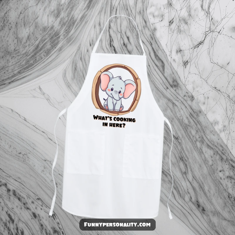 Funny curious elephant character peeking through a keyhole on a durable apron, representing inquisitiveness and a funny gift.