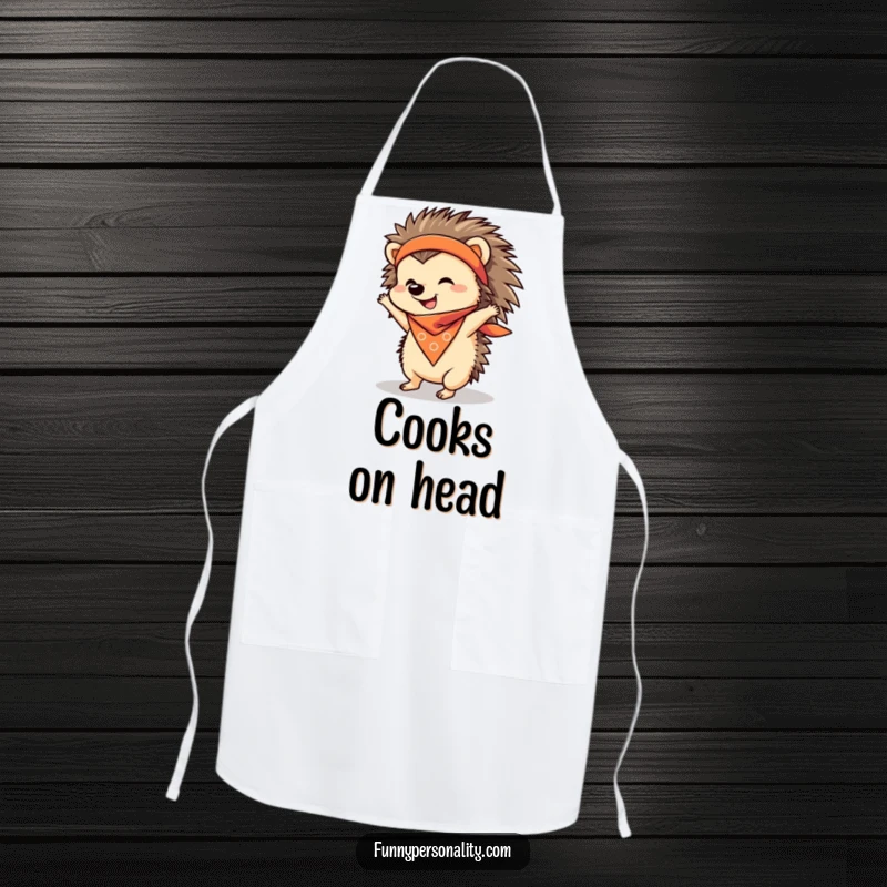 Funny Apron showcasing a determined hedgehog in a bandana attempting a handstand, adding humor to cooking duties.