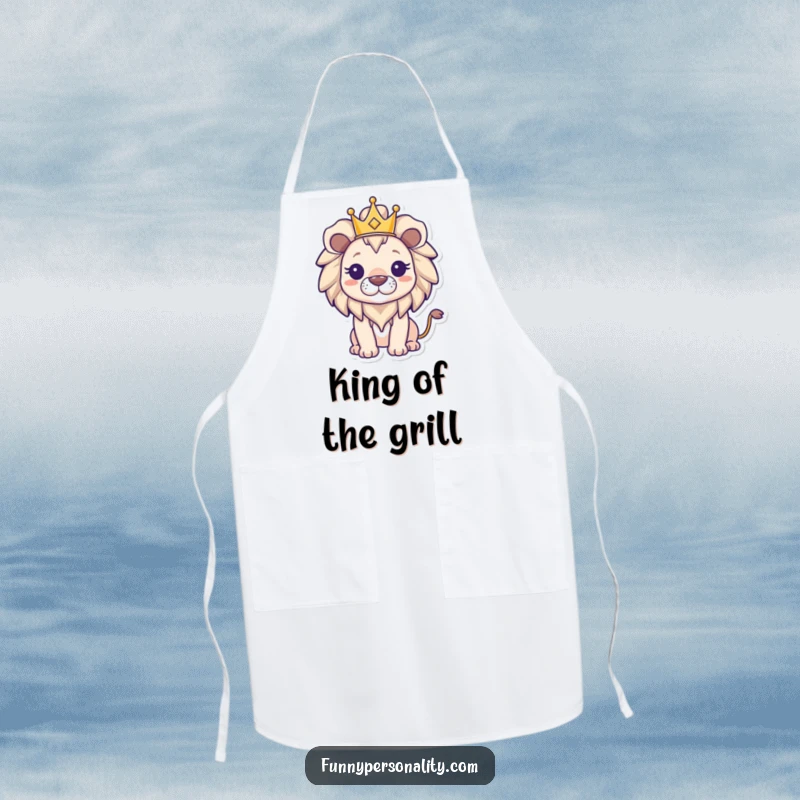 Funny triumphant lion wearing a small crown on a kitchen apron, symbolizing culinary authority and protection during cooking endeavors.