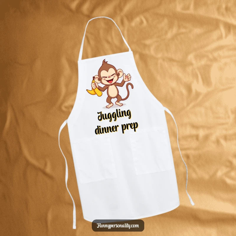 Funny monkey apron: a kitchen apron with a mischievous monkey character juggling three bananas with a sly smile while cooking.