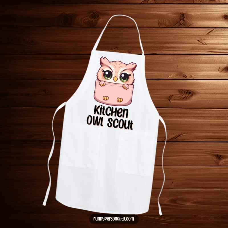 Funny apron with a curious owl with wide eyes peeking out from a large pocket, perfect for kitchen use with watchful charm.