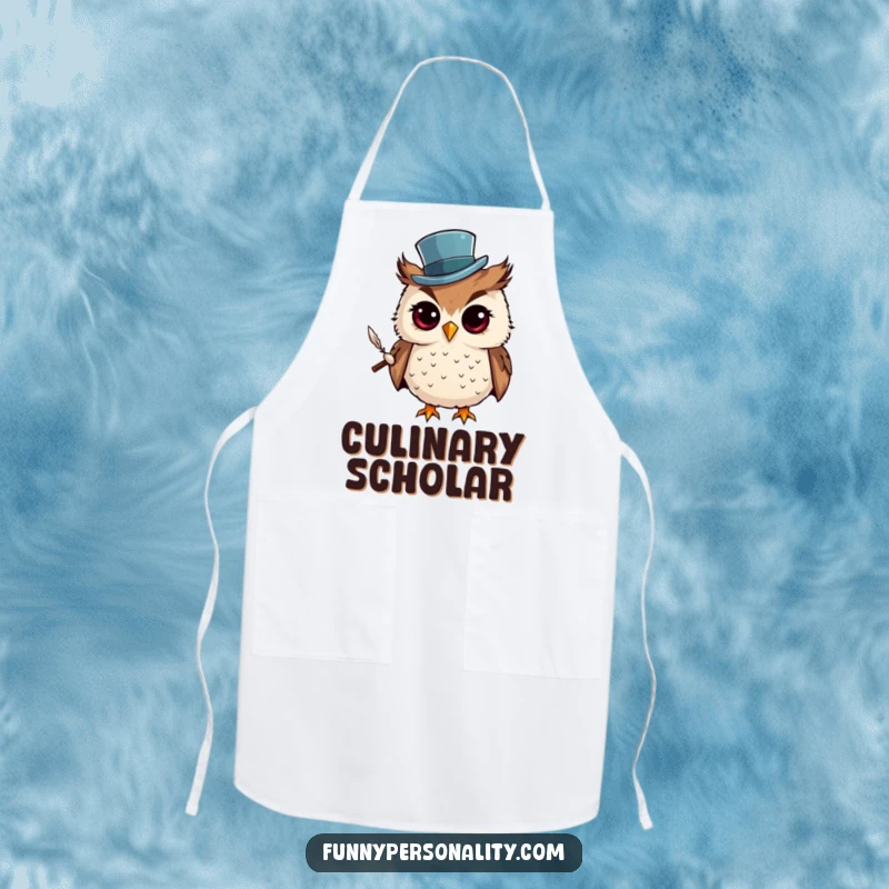 Funny Apron: A curious owl wearing a top hat and holding a quill, perfect kitchen wear for those who cook with intellect and humor.