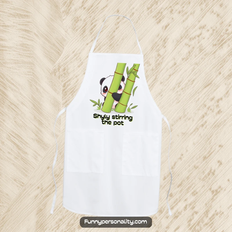 Funny shy panda character hiding behind a bamboo stalk on a kitchen apron, providing a cute and protective layer for cooking.