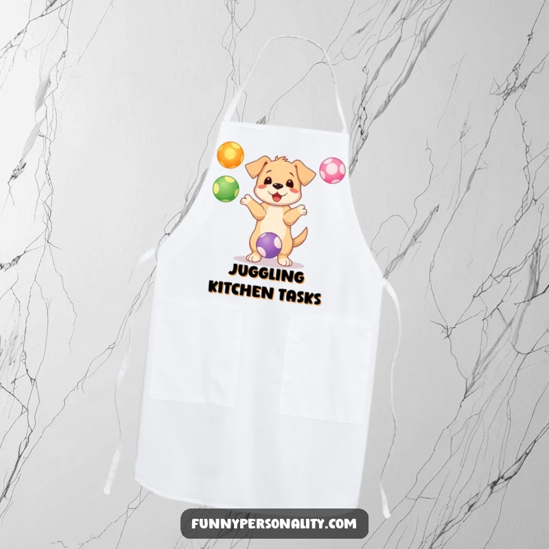 Funny puppy apron showing a playful character juggling colorful balls, adding humor to cooking tasks.