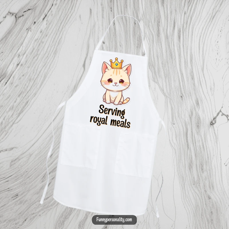 Funny cat character wearing a crown, looking regal, a humorous and functional apron for majestic cooks.
