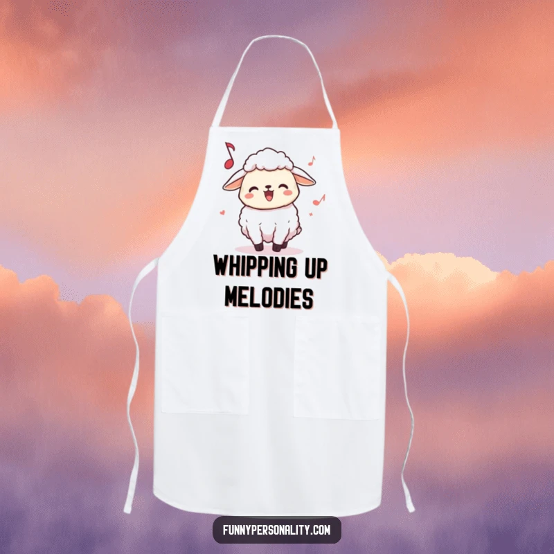 Funny Sheep Apron: A joyful sheep character headbanging while cooking, adding musical fun to kitchen tasks.