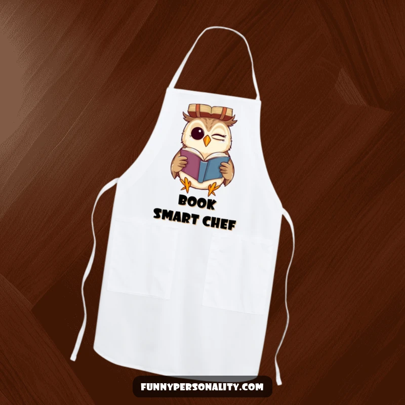 Funny apron featuring a winking owl reading a book upside down with a grin, a humorous and practical design for the kitchen.