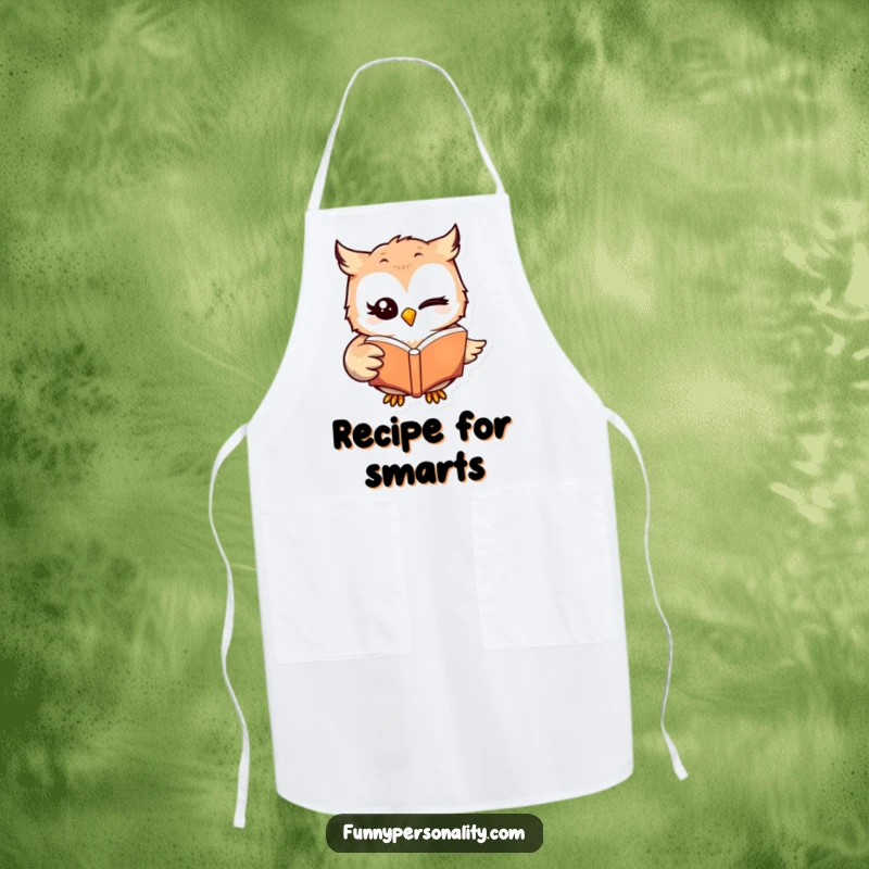 Funny winking owl character holding a book in a kitchen setting on a durable apron, representing a love for reading, a funny gift.