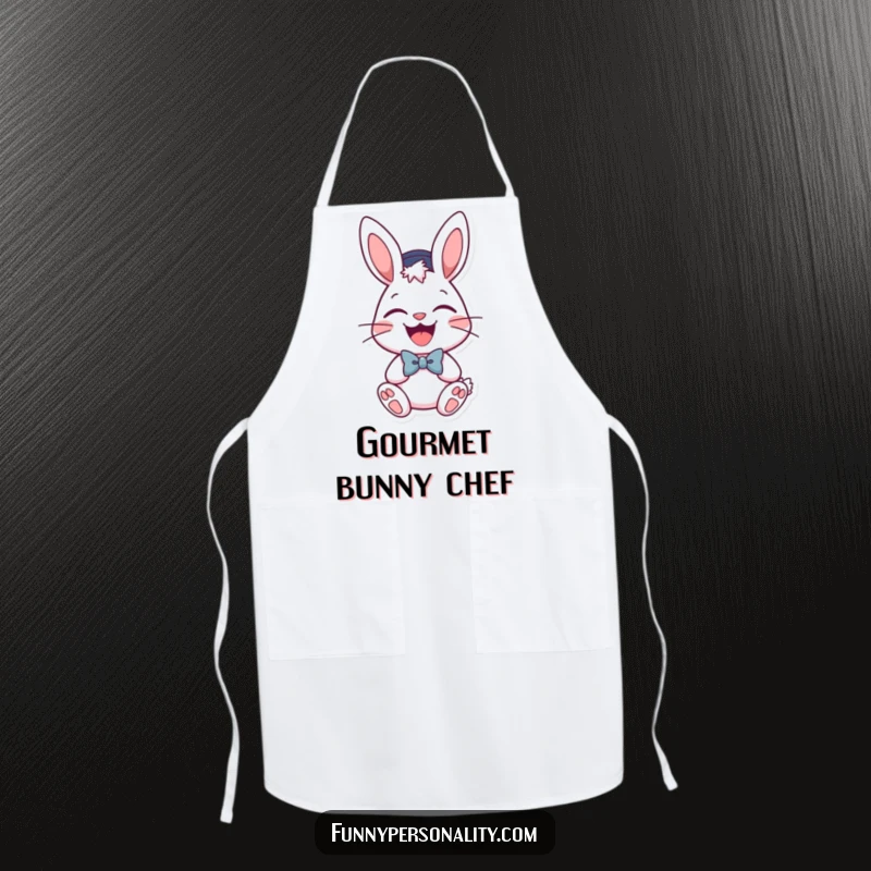 Funny apron with a cheerful bunny wearing a hat and bow tie. Ideal for hosts and party planners.