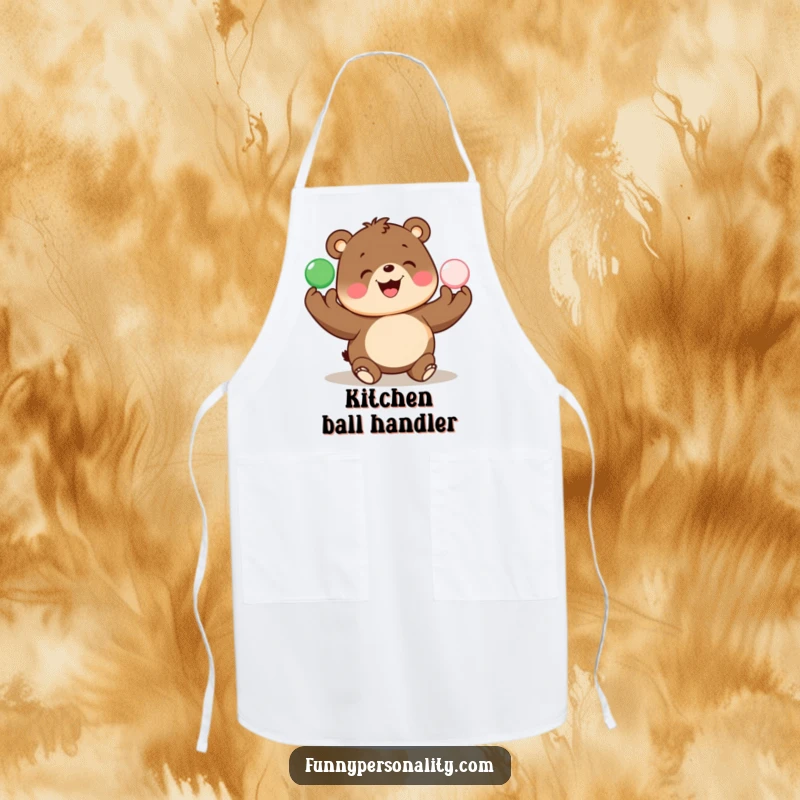 Funny apron shows a cheerful bear artistically juggling various balls, making kitchen duties more amusing.