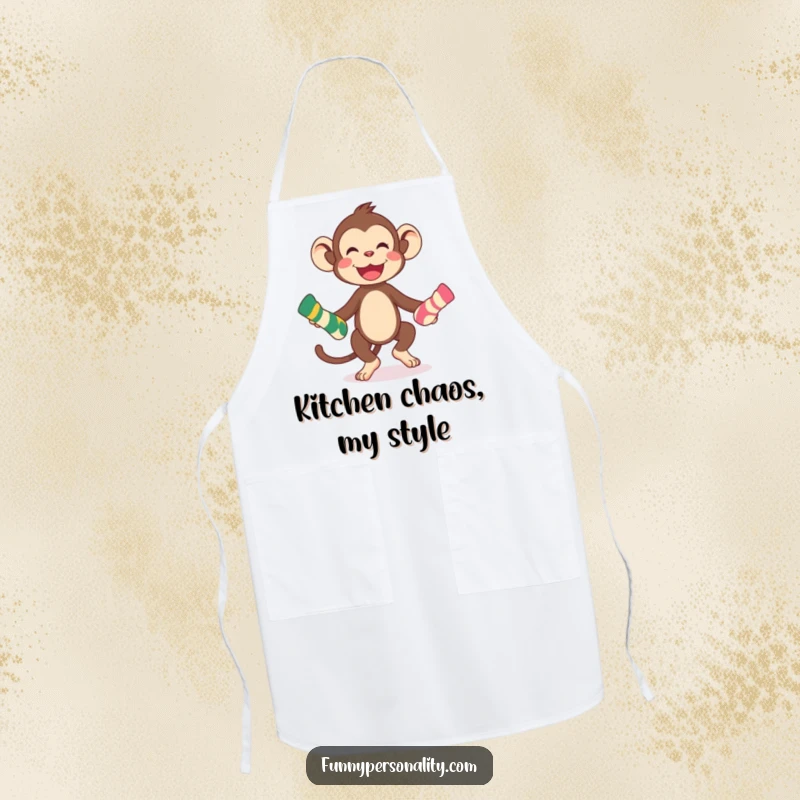 Funny playful monkey character juggling socks on a durable apron, representing kitchen fun and a funny gift.