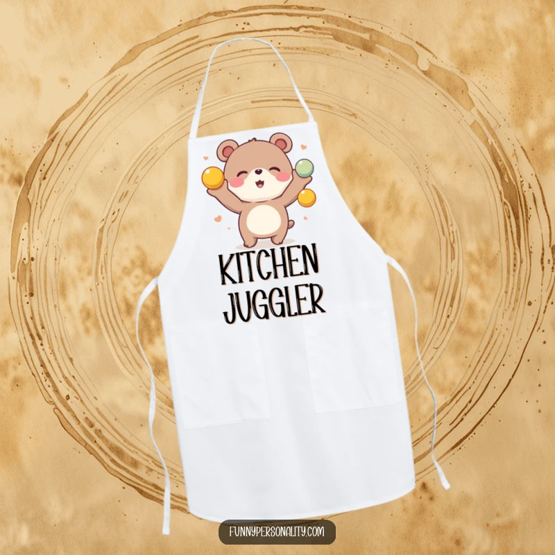 Funny Bear Juggling Apron: A practical and fun apron featuring a happy bear juggling colorful balls, perfect for any kitchen.
