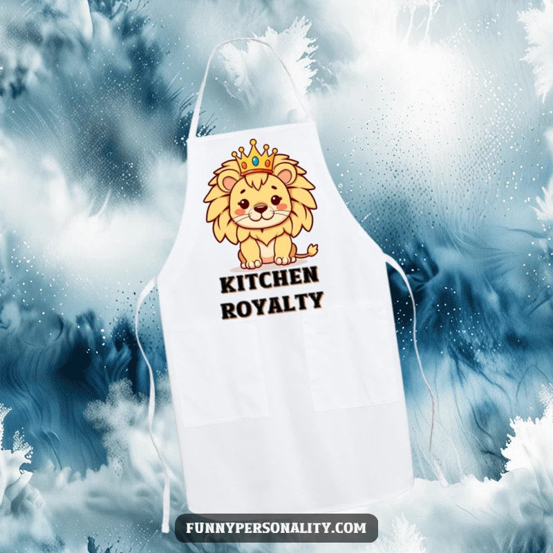 Funny apron featuring a proud lion wearing a tiny crown, a humorous and practical design for the kitchen.