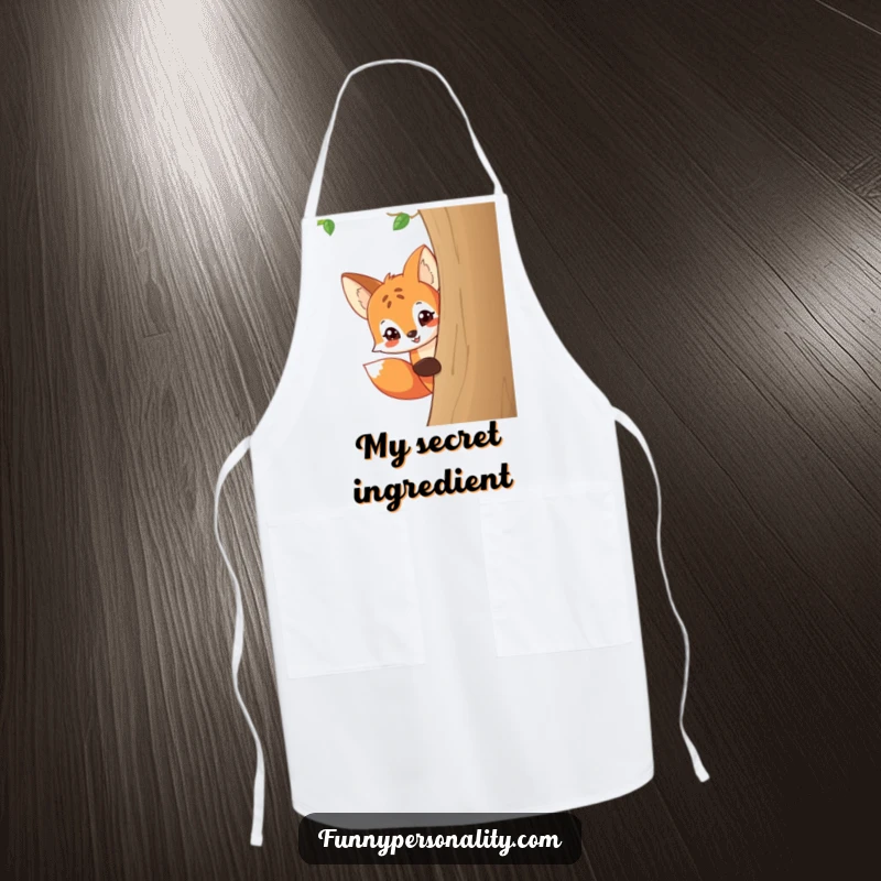 Funny kitchen apron with a playful cartoon fox peeking around a tree with a mischievous grin, adding humor to cooking.