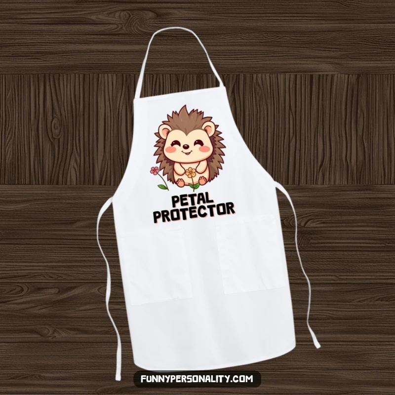 Funny apron featuring a cheerful hedgehog smiling at a tiny flower, a charming and humorous design for the kitchen.