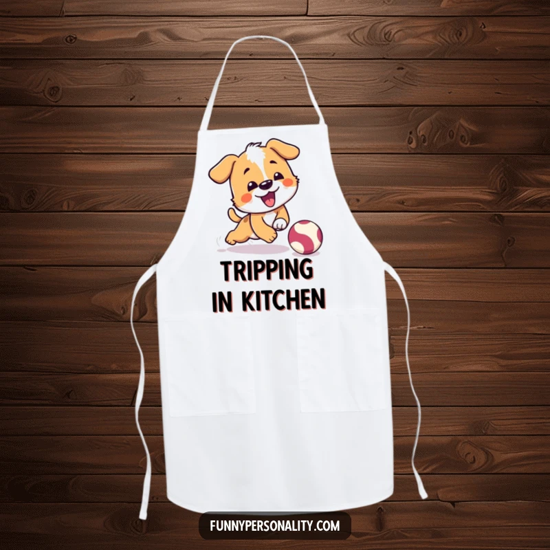 Funny apron with a playful dog character comically tripping while chasing a bouncing ball, suitable for kitchen use.