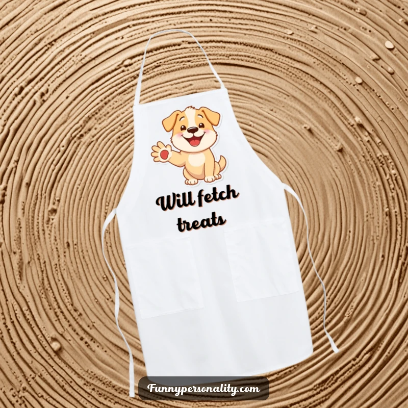 Funny dog apron showing a happy dog offering its paw, ideal for kitchen fun and adding a playful element to cooking.
