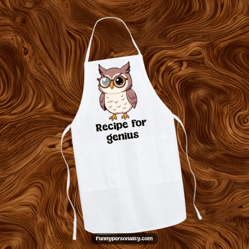 Wise owl apron showing a distinguished owl character wearing a monocle, perfect for the intellectually inclined cook.