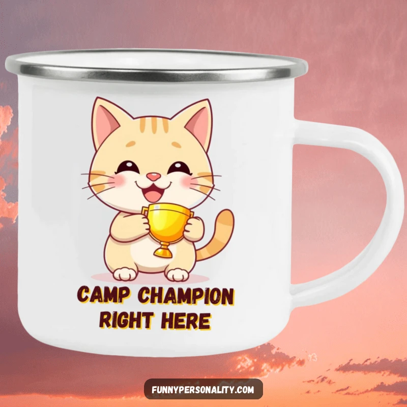Funny cat camping mug showing a grinning character proudly holding a tiny, glowing trophy, ready for outdoor celebrations.