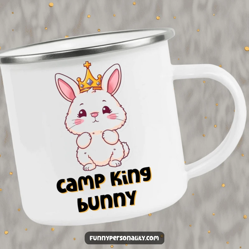 Funny enamel camping mug with a fluffy bunny in a crown, perfect for outdoor royalty.