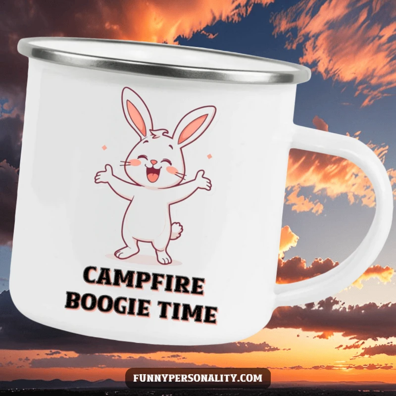 Funny Bunny Dance Camping Mug: A durable mug featuring a happy bunny dancing, perfect for outdoor adventures and good vibes. Gift.