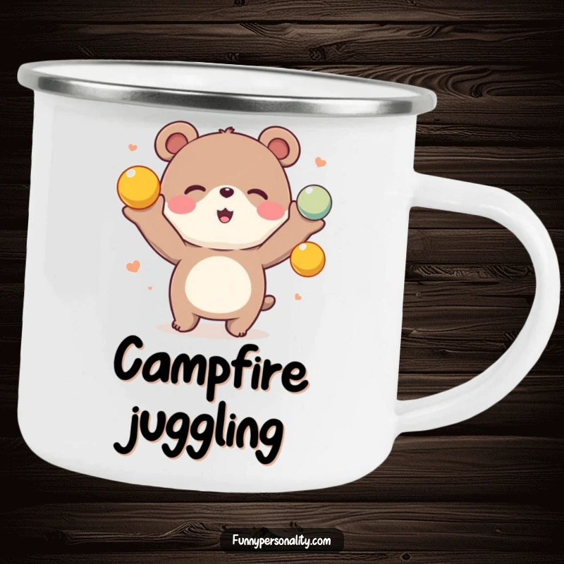 Funny Bear Juggling Camping Mug: A sturdy enamel mug featuring a cheerful bear juggling colorful balls, perfect for camping trips.
