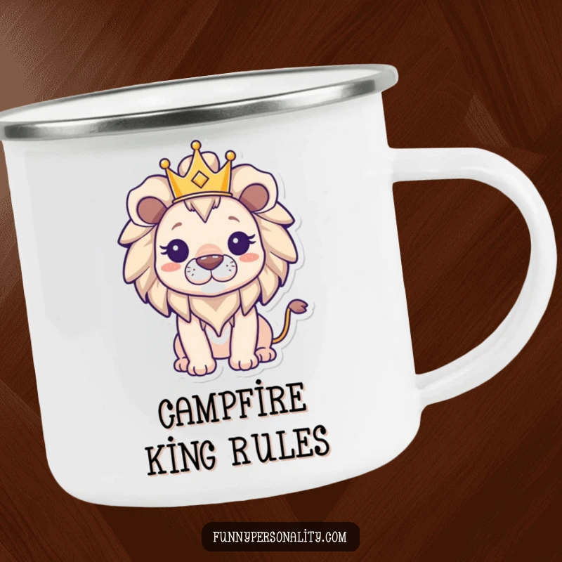 Funny triumphant lion wearing a small crown on a rugged camping mug, ideal for enjoying beverages while conquering outdoor challenges.