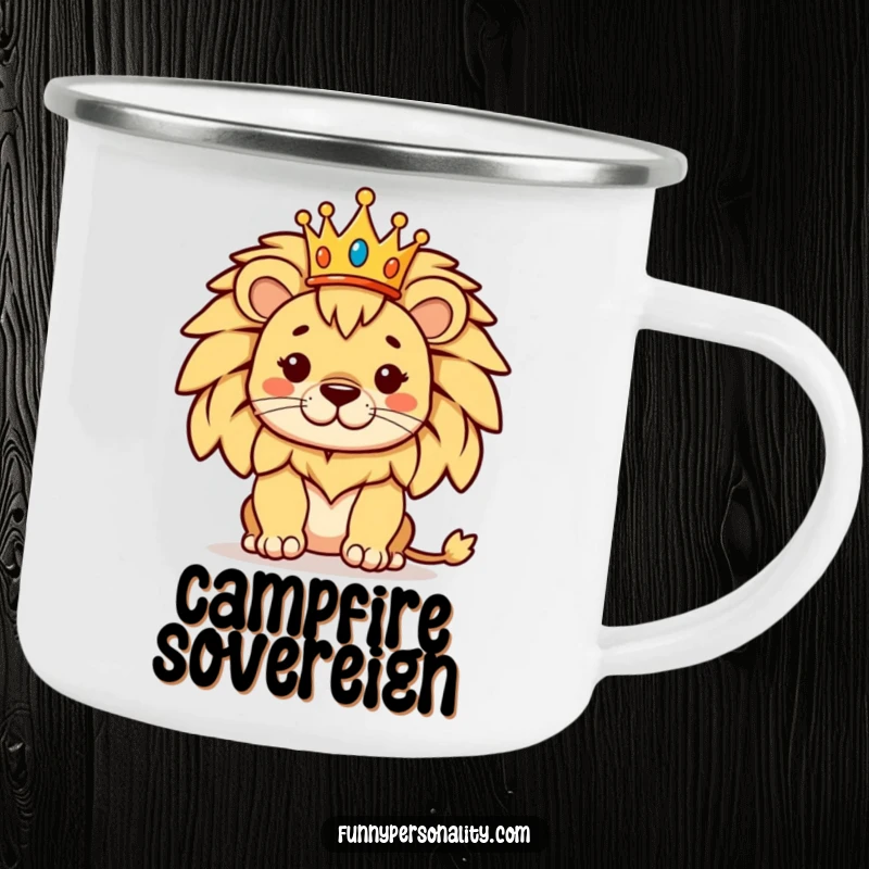 Funny camping mug featuring a proud lion wearing a tiny crown, a durable and humorous mug for outdoor royalty.
