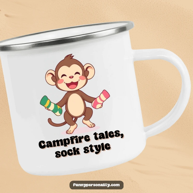 Funny playful monkey character juggling socks on a rugged camping mug, ideal for outdoor fun and a funny gift.