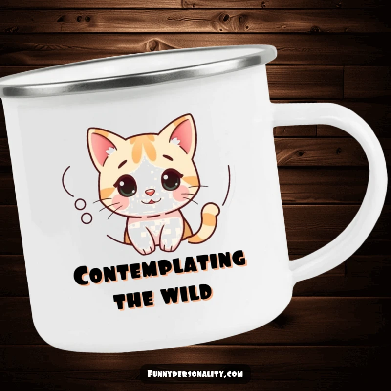 Funny Cat Camping Mug with a curious cat peeking out of a thought bubble, perfect for outdoor contemplation.