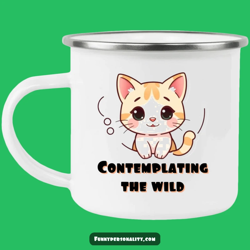 Funny Curious Cat Camping Mug: Outdoor Thoughts with Pondering Kitty in Thought Bubble, Gift