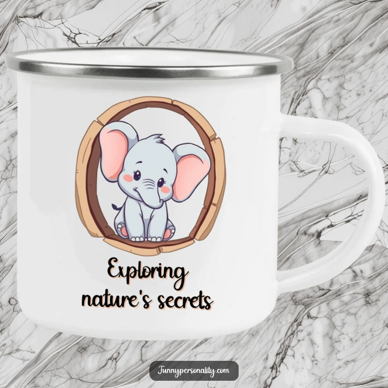 Funny curious elephant character peeking through a keyhole on a rugged camping mug, ideal for adventurers and a funny gift.