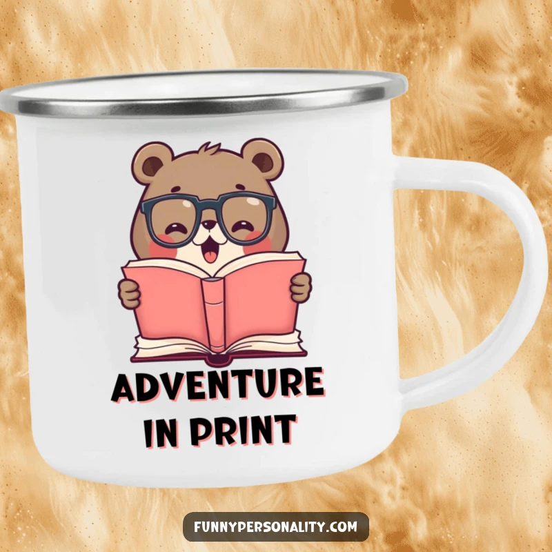Funny enamel camping mug with a cute bear wearing glasses, excitedly reading a giant open book, perfect for outdoor reading and coffee breaks.