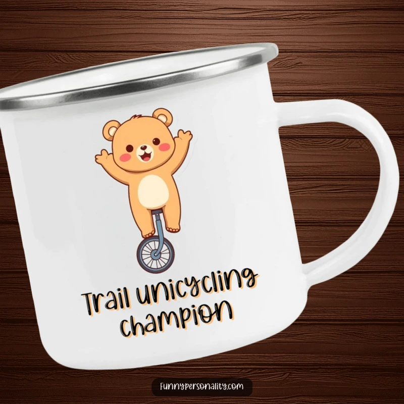 Funny bear camping mug showcasing a cute character balancing on a unicycle while waving, ready for outdoor adventures.