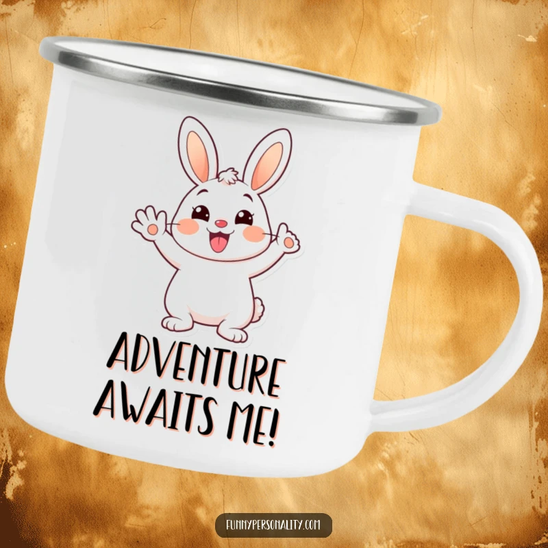 Funny enamel camping mug featuring a cheerful cartoon bunny waving happily with a big smile, perfect for outdoor humor.