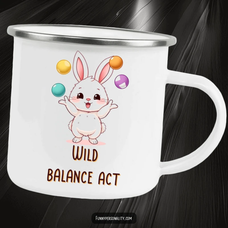 Funny camping mug featuring a fluffy bunny character juggling three colorful balls, designed for outdoor adventures and cheerful sipping.