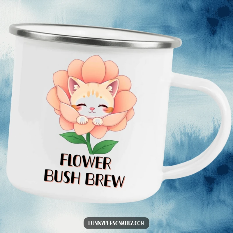 Funny Camping Mug: A shy cat character peeks from behind a large flower, blending nature's beauty with quiet, humorous appeal.